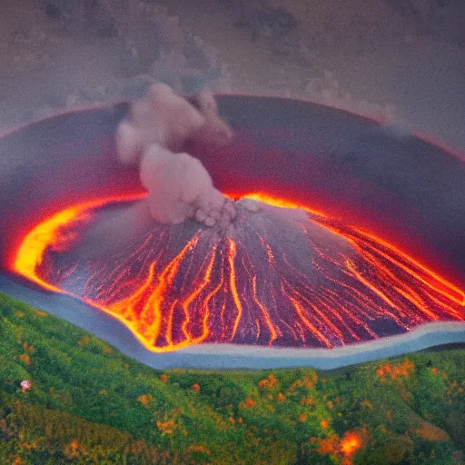 Prompt: vulcano erupts next to the village, tilt-shift photograph