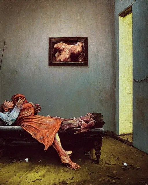 Prompt: old dead couple on couch in a decayed and ruined slaughterhouse room in the style of Francis Bacon and Syd Mead and Norman Rockwell and Beksinski, hanging beef carcasses, slaughterhouse, open ceiling, highly detailed, painted by Francis Bacon and Edward Hopper, painted by James Gilleard, surrealism, airbrush, very coherent, triadic color scheme, art by Takato Yamamoto and James Jean