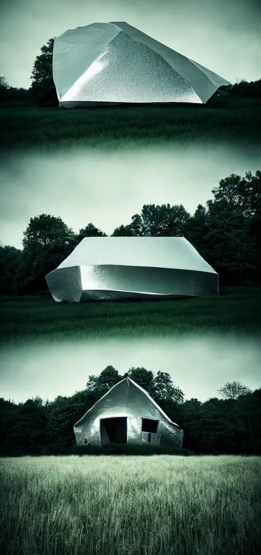 Image similar to a house wrapped in foil in a middle of a field cinematic dark photography detailed creepy