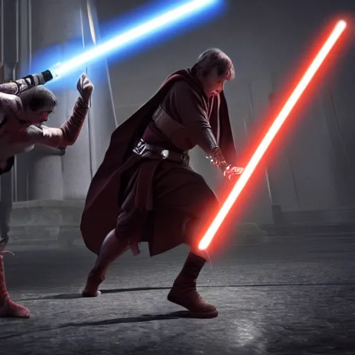 Image similar to A sith fighting a Jedi in the Jedi temple. Epic, cinematic lighting, dreary, other worldly.