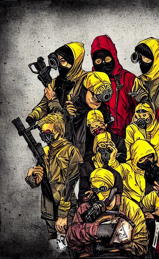 Prompt: saints gang, yellow red hoodie, group photo, punk art, warehouse, weapon, drugs, flex box position, yellow bandana, gasmask, saints mask, fiction, stability, intricate, elegant, 8 k, uhd, justify, artstation, concept art, matte, sharp focus, illustration, consistent, highly detailed object content, proportional object content