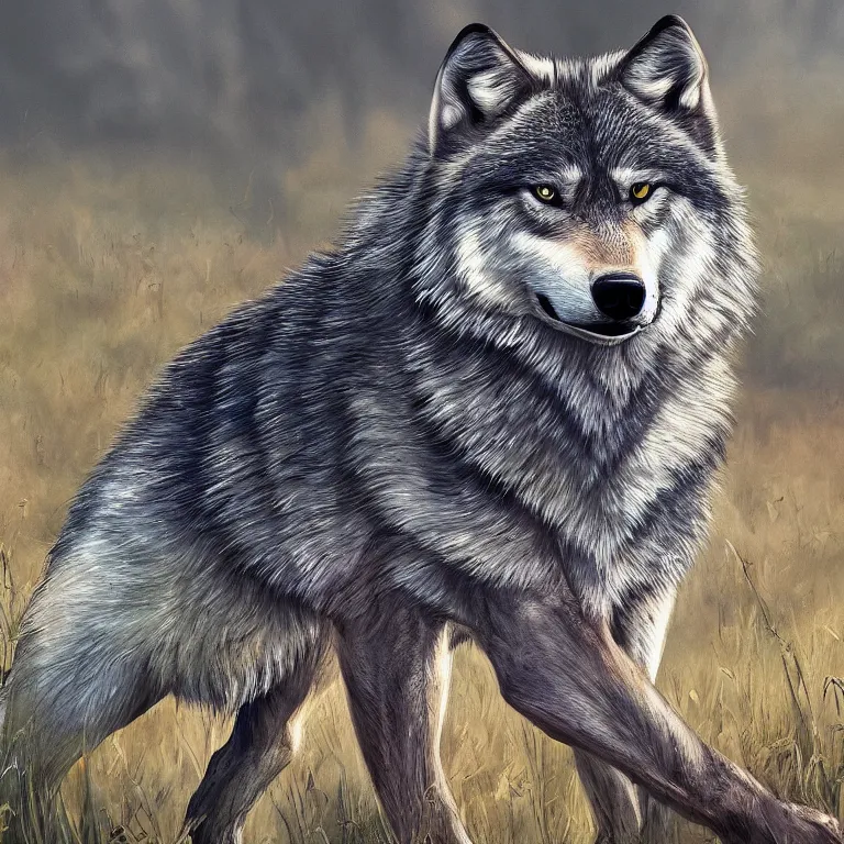 Image similar to Majestic wolf on the heath. Rough brushstrokes. Beautiful detailed scene. Interesting natural colour scheme. Beautiful artistic digital painting by Lurid (2022)