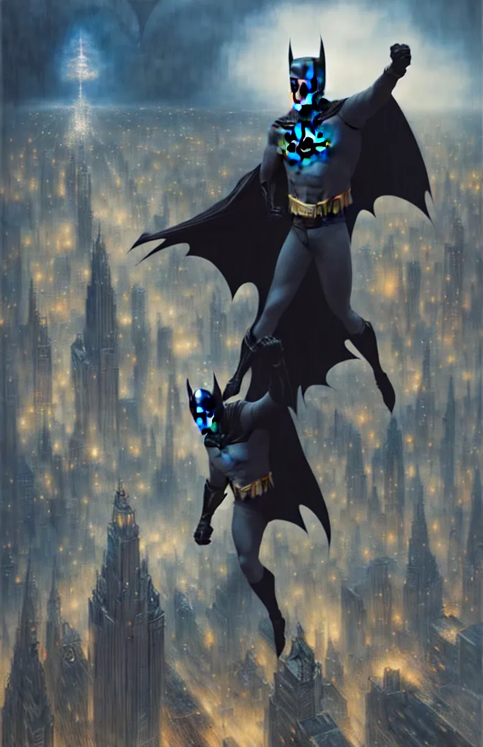 Image similar to batman standing over gotham city by karol bak, james jean, tom bagshaw, rococo, sharp focus, trending on artstation, cinematic lighting, hyper realism, octane render, 8 k, hyper detailed, vivid, ultra detailed, highly detailed