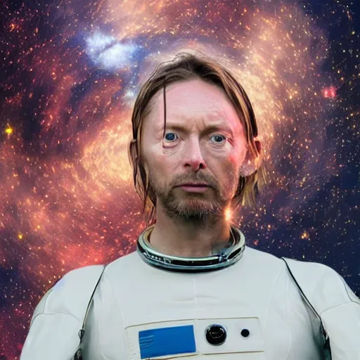 Prompt: thom yorke singer songwriter in a spacesuit, visor filling up with water, a hologram by mikolas ales, unsplash, video art, anamorphic lens flare, 8 k 3 d, datamosh, beautiful blue eyes, eyes reflecting into eyes reflecting into infinity, eyes reflecting into eyes reflecting into infinity