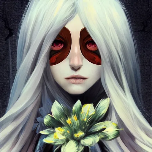 Prompt: zero from drakengard by anato finnstark, artgerm and wlop, woman with flower on her eye, beautiful composition, pretty face