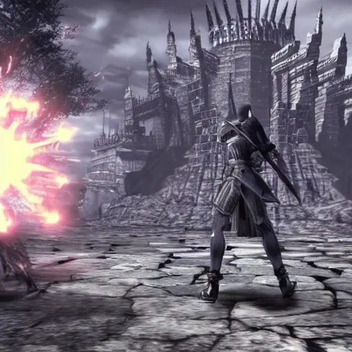 Image similar to gameplay screenshot of the game dark souls as an anime movie, a dark souls final boss battle in anor londo in the style of anime