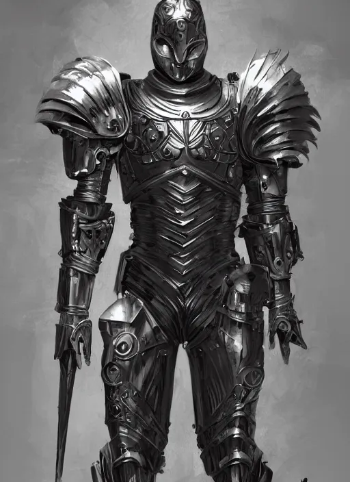 Image similar to powerful male tin man, christian bale as tinman, full body character concept, covered in full metal armor, plating, art nouveau, super powers, fantasy, intricate, elegant, highly detailed, digital painting, artstation, concept art, shining, sharp focus, illustration, art by stanley lau