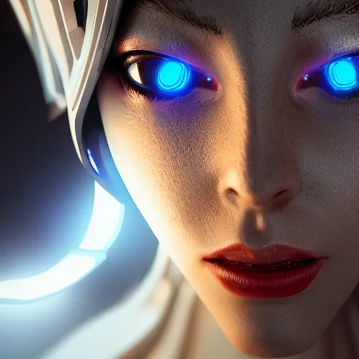 Image similar to cyborg lady with glowing eyes, trending on artstation, smooth, detailed, sharp focus, masterpiece, epic, realistic,volumetric lighting, great, uhd, 4k, by artstation