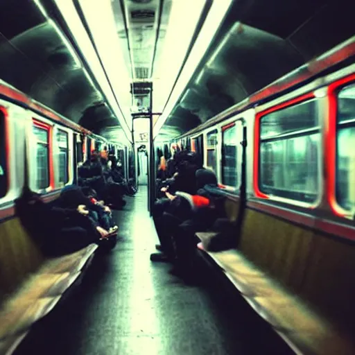 Prompt: a photo of a giant octopus mindflayer invading a interior of a subway train in new york, cinematic lighting