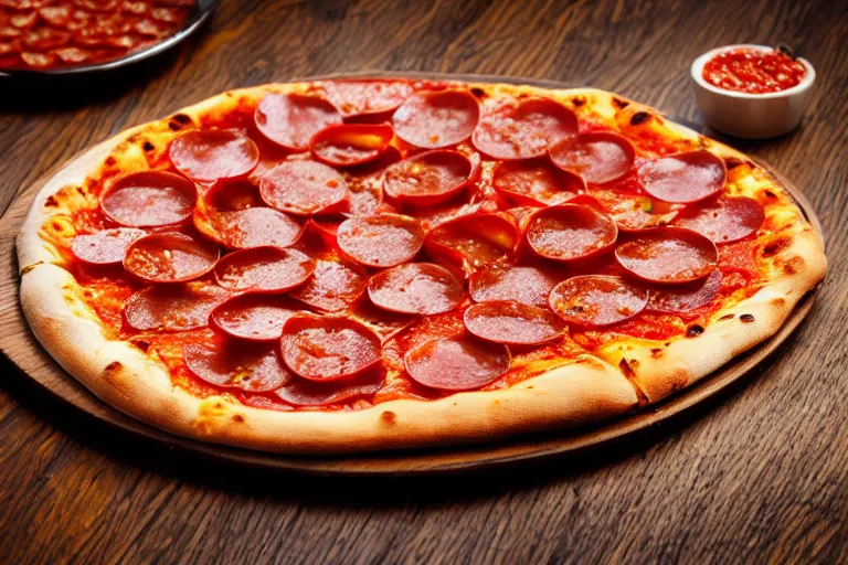 Image similar to a pizza with amongus-shaked pepperoni on top. Food photography, studio photography, highly detailed