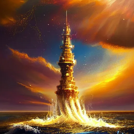 Prompt: a sparkling gold fantasy tower with splashes upwards from a turbulent ocean, dramatic lighting, shimmering sunlight, beautiful oil painting, artstation