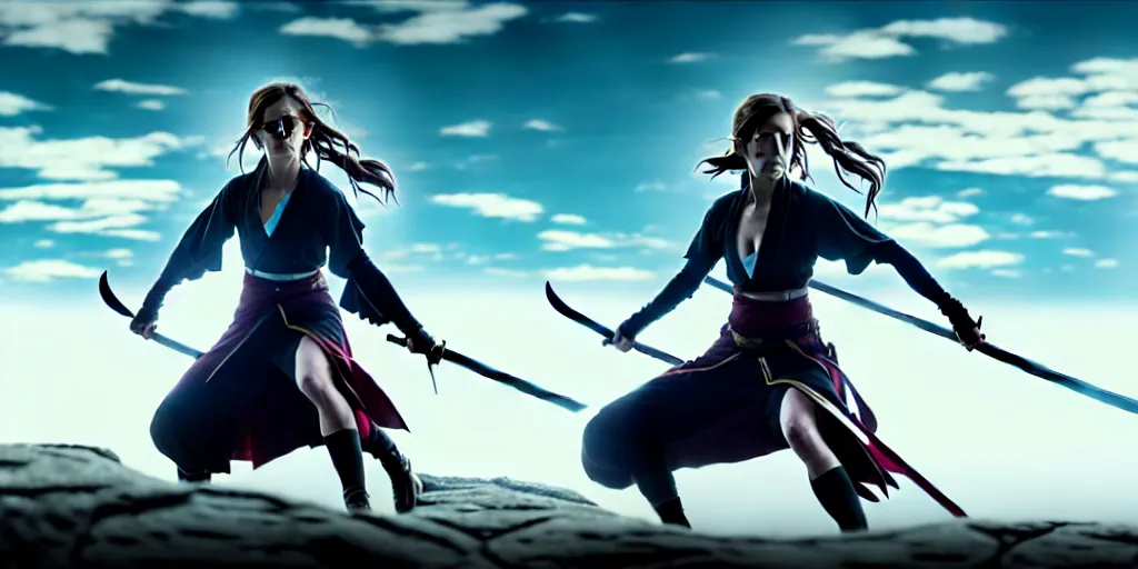 Image similar to a very detailed key visual of emma watson in demon slayer, action lines, ufotable, greg rutkowski, high resolution, dynamic pose, landscape, medium portrait, samurai outfit, action, hyper realistic, koyoharu gotouge, sakuga