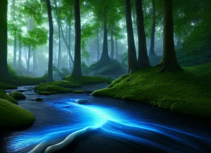 Image similar to hyperrealism, detailed textures, photorealistic 3 d render, a surreal mystical forest with a bright winding blue creek, sharp focus, ultra realistic, ultra high pixel detail, cinematic, intricate, cinematic light, concept art, illustration, art station, unreal engine 8 k