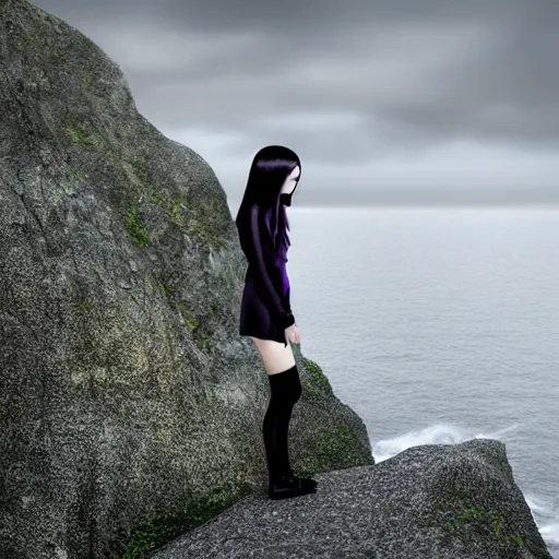 Image similar to 1 7 - year - old pale - skinned persian girl with black long bob cut, black gothic jacket, purple eyes, psychic girl, standing on cliff along the irish coast, overcast gray skies, anime, anime hd, octane render