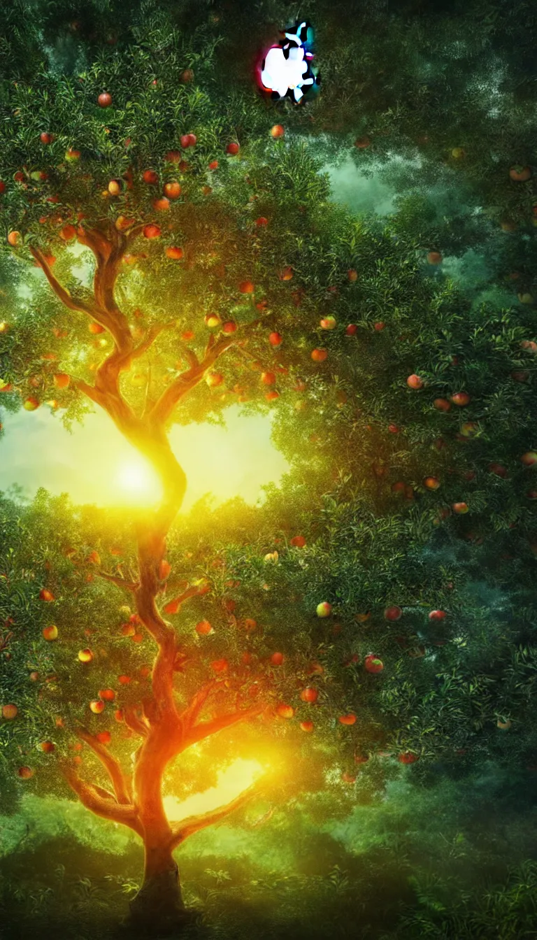 Prompt: highly detailed photo of futuristic apple tree having glowing apple fruits in the middle of jungle in the style of Greg Rutswoski, wide angle shot, concept art, 8K detail post-processing