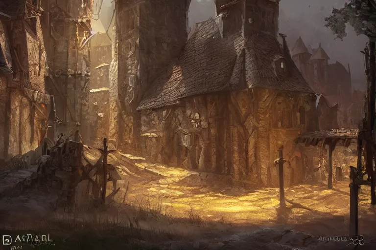 Image similar to A beautiful medieval settlement, iron ,iron, iron, fantasy, D&D, concept art, sharp focus, trending on artstation, digital painting, midday, sunny, beautiful