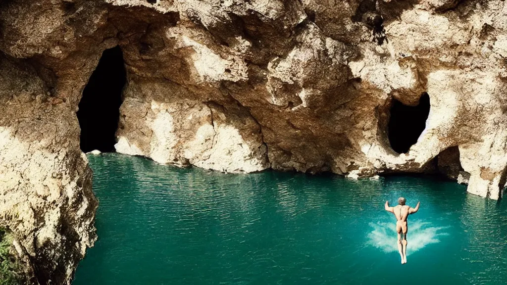 Image similar to a man cliff jumping into waters that are actually a portal to another dimension, film still from the movie directed by Denis Villeneuve with art direction by Salvador Dalí, wide lens