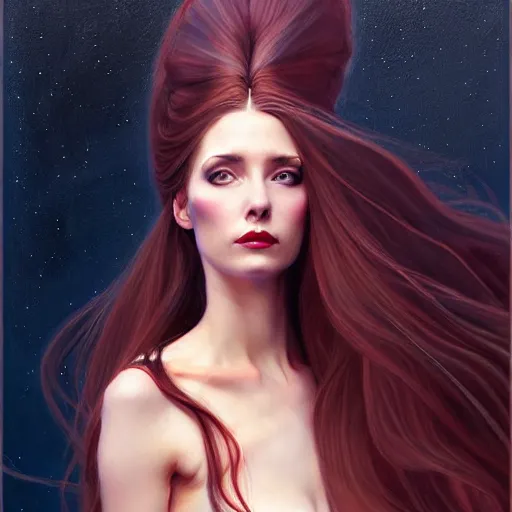 Image similar to portrait of a female wizard in flowing sensual dress, long flowing hair, delicate, looking at camera, slightly smiling, real face, stylish, elegant, extremely detailed painting inspired by Gerald Brom, stunning lighting