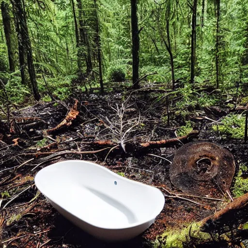 Image similar to pristine porcelain bath filled with bubbles in a clearcut rainforest, slash and burn, cleared forest, deforestation, bubble bath, tree stumps, smouldering charred timber