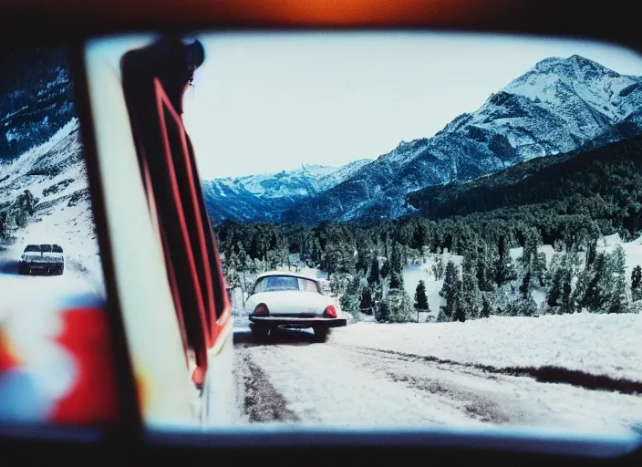 Image similar to A very high resolution image from a new movie, landscape from a car window , mountains, snowy, snowy mountains, Polaroid, directed by wes anderson