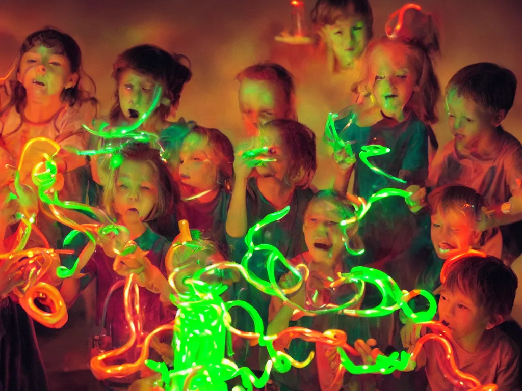 Prompt: a hyperrealistic portrait of children opening a bottle of glowing worms and drinking fluorescent liquid , 8k