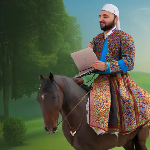 Prompt: IT specialist with a laptop on a horse in traditional tatar clothes, photorealistic