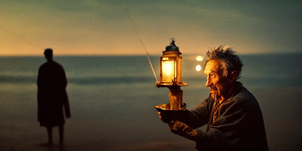 Image similar to film still of closeup old man holding up lantern by his beach hut at night. pirate ship in the ocean by emmanuel lubezki