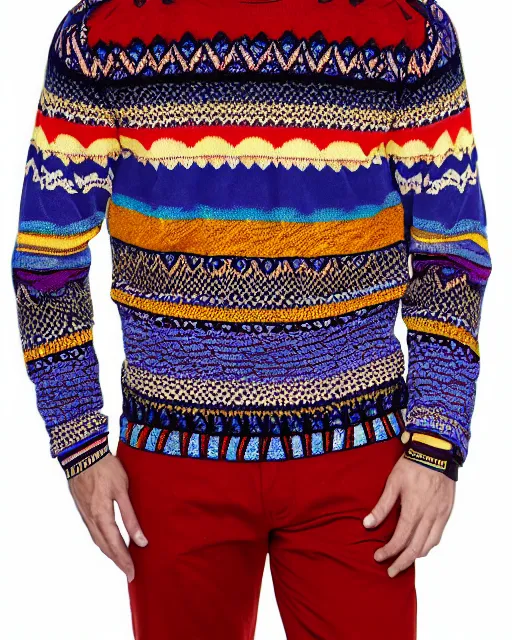 Image similar to new colorful coogi sweater with intricate woven patterns