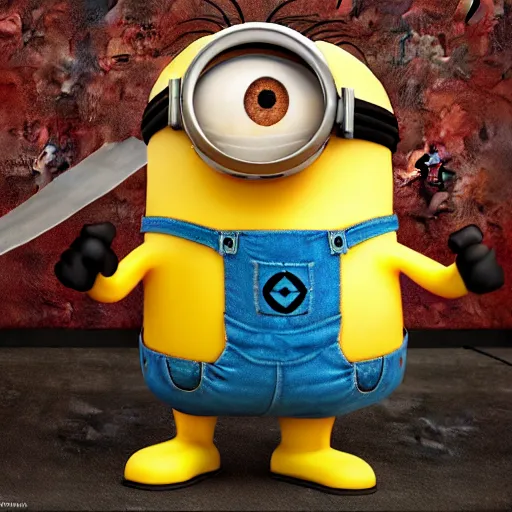 Prompt: a 3d render of a minion with a machete , 4k
