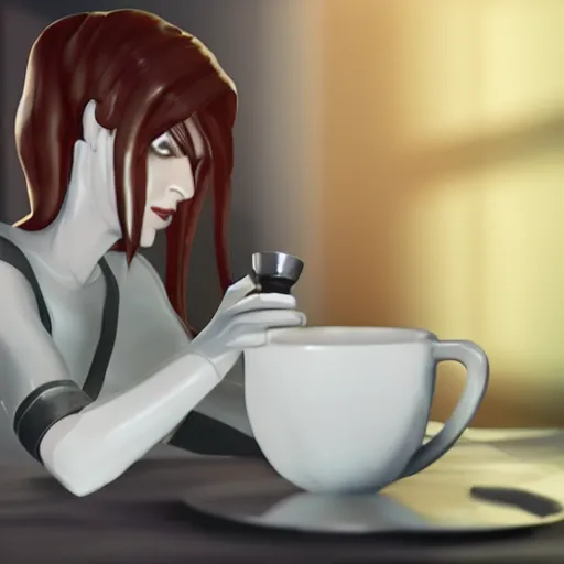 Prompt: photo of glados ( from portal ) drinking tea, realistic, sharp focus