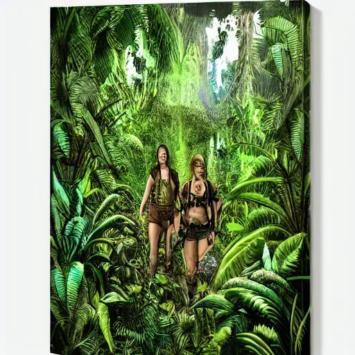 Image similar to interior shot of a lush jungle with two steam punk explorers navigating the harsh terrain,