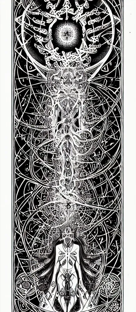 Image similar to a beautiful fractal tarot card featuring bold occult imagery with clean lines. skullpunk demon. dimension. haeckel. detailed adult coloring book