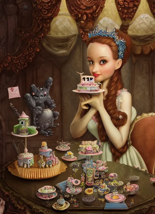 Prompt: highly detailed closeup portrait of a fairytale princess's favorite robot eating cakes in the castle, nicoletta ceccoli, mark ryden, lostfish, earl nore, hyung tae, frank frazetta, global illumination, god rays, detailed and intricate environment