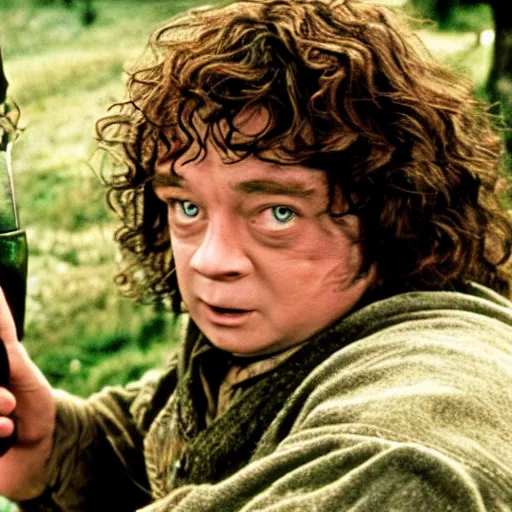 Image similar to Bartook is a twenty-something hobbit with curly brown hair who is slightly overweight, high resolution film still, movie by Peter Jackson