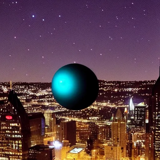 Prompt: the Death Star hanging in the night sky like the moon above Pittsburgh