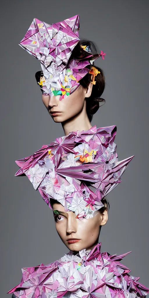 Prompt: portrait of a beautiful model wearing origami themed paper flower and geometric shapes haute couture by issey miyake