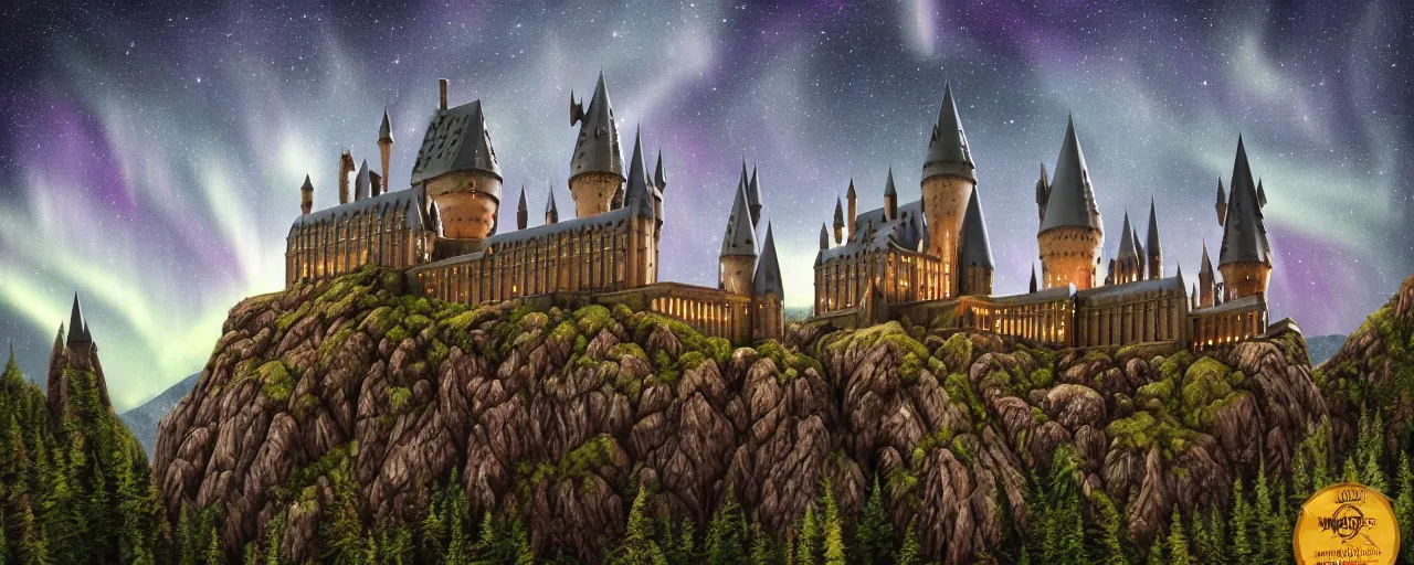 Image similar to Hogwarts in the mountains, forest, at night, blue aurora, shooting stars, matte painting, award winning, highly detailed