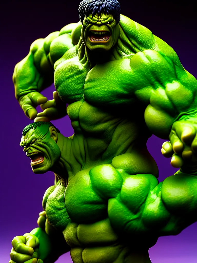 Prompt: hyperrealistic rendering, hulk by bernie wrightson and killian eng and joe fenton, product photography, action figure, sofubi, studio lighting, colored gels, colored background