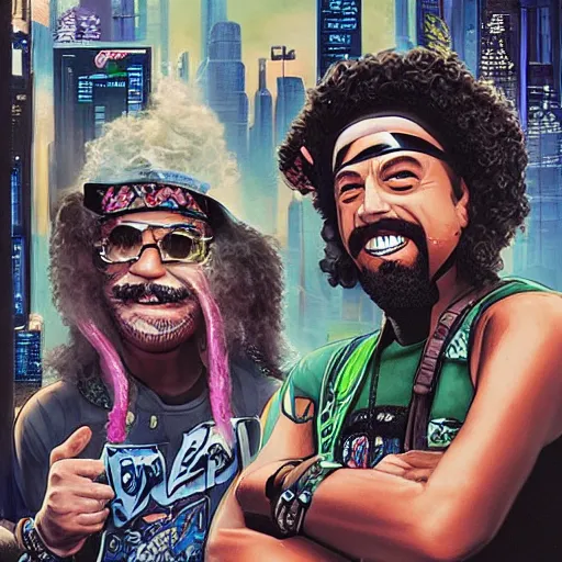 Image similar to cyberpunk cheech and chong, up in smoke,