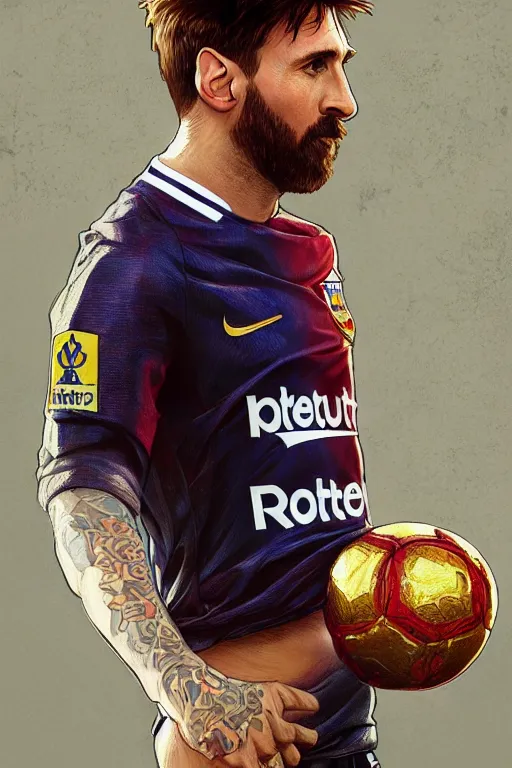 Image similar to male cottagecore lionel messi holding a soccer ball, intricate, swagger, highly detailed, digital painting, artstation, concept art, smooth, sharp, focus, illustration, art by artgerm and greg rutkowski and alphonse mucha