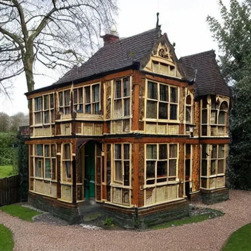 Prompt: an english victorian house built with wooden pallets