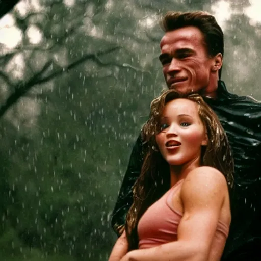 Image similar to portrait shot of young arnold schwarzenegger holding tight in love dancing in the rain with jennifer lawrence beautiful short dress, wet, 5 0 mm kodak, beautiful light, best lense 9 0 s romantic comedy, 4 k