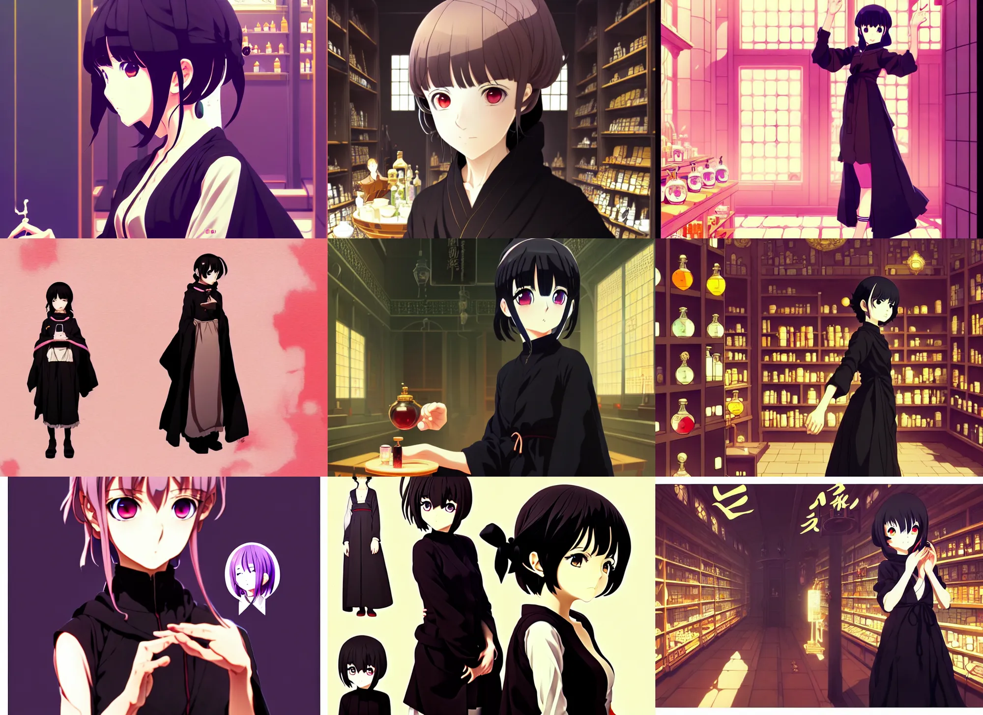 Prompt: anime frames, anime visual, portrait of a young female traveler wearing an ornate black robe in a alchemist's potion shop interior shopping, cute face by ilya kuvshinov and yoh yoshinari, dynamic perspective pose, anime cels, rounded eyes, smooth facial features, fantasy