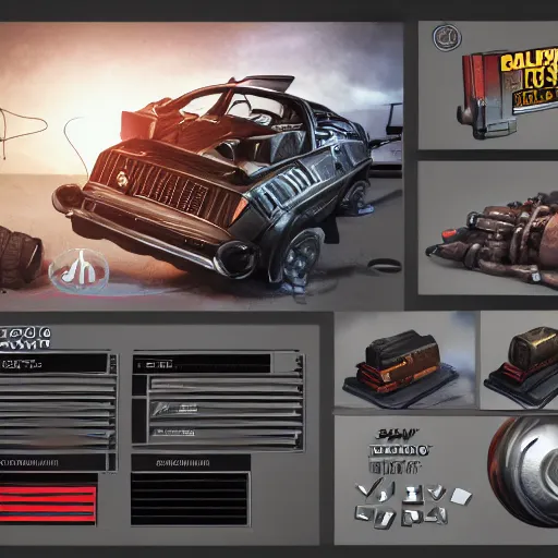 Prompt: car engine, car parts concept, card, comic page, realistic borderlands, ui card, Octane render