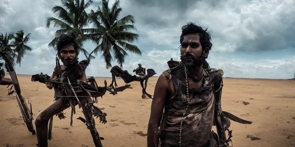 Image similar to sri lankan mad max style, guitar, film still, epic shot cinematography, rule of thirds