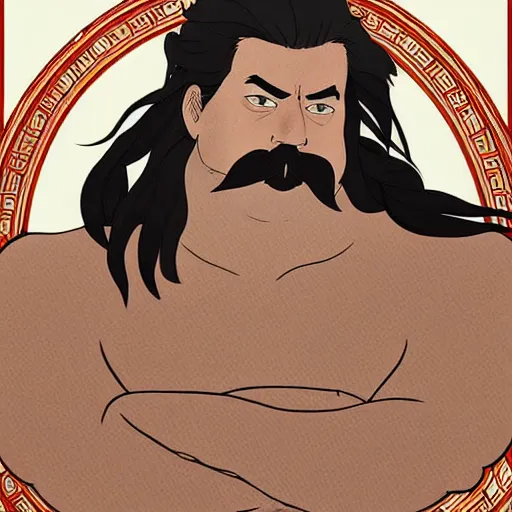 Image similar to a middle - aged man with bulk muscles and black hair consists of an unruly, mostly swept - back mane and waist - length fu manchu mustache and spiked goatee, path traced, highly detailed, high quality, digital painting, by studio ghibli and alphonse mucha, leesha hannigan, hidari, disney