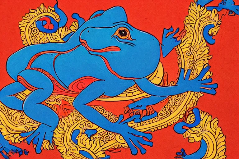 Prompt: buddhist art style illustration of a blue frog with 4 hands, flames, water, flowers, dragons, skeletons