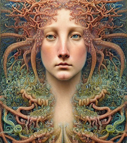 Image similar to detailed realistic beautiful coral reef goddess face portrait by jean delville, gustave dore, iris van herpen and marco mazzoni, art forms of nature by ernst haeckel, art nouveau, symbolist, visionary, gothic, neo - gothic, pre - raphaelite, fractal lace, intricate alien botanicals, ai biodiversity, surreality, hyperdetailed ultrasharp octane render