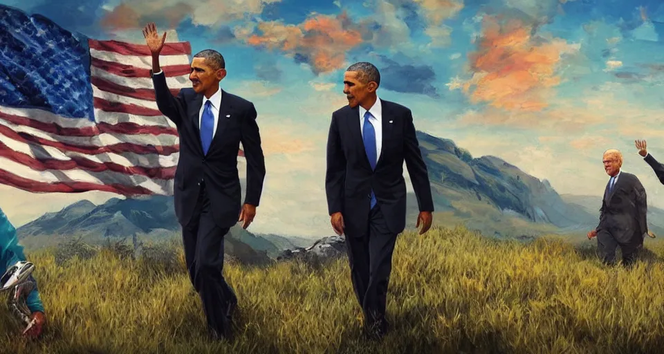 Prompt: a painting of Obama and Joe biden on a hill, a screenshot by Zack Snyder, behance contest winner, afrofuturism, concert poster, behance hd, movie poster,