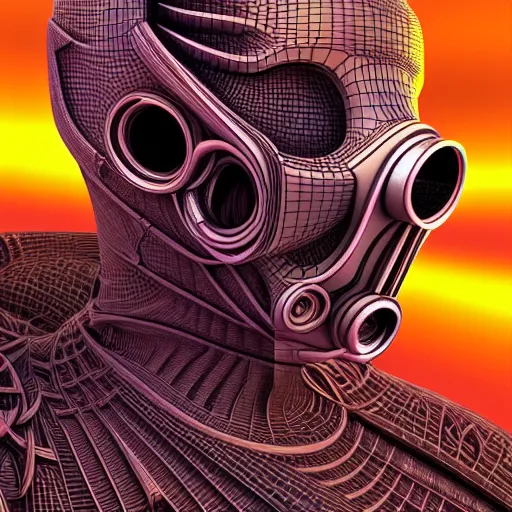 Image similar to a detailed 3 d render of a fashionable vin diesel extraterrestrial wearing a cybernetic majick celtic gas mask among the buildings of futuristic landscape in the style of william blake and alex grey and escher in the style of dark fantasy, fantasy art deco, magic realism, award winning art, muted colors,